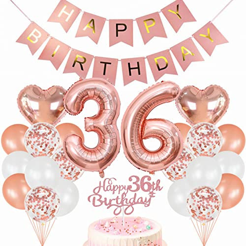 Conruich Geburtstagsdeko 36 Jahre Frau, Luftballon 36. Geburtstag Deko Set, Rosegold Tortendeko Geburtstag 36 Jahre Frauen, Ballon 36 Geburtstag Frau, Happy Birthday Banner Deko 36 Geburtstag Frau