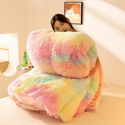 Dicker Warmer Plüsch Winterdecke Steppdecke 200x230cm 4kg, Flauschige Kaschmir Steppdecken Duvet, Verdicken Sie Lamm Kaschmir Decke Winter Weiche Warme Bettdecke Bettwäsche,Rainbow