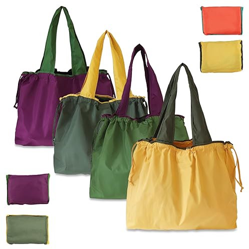 Realand 4 Pack große Heavy Duty Ripstop Einkaufstaschen bunte faltbare Tote Bulk mit Beutel & Drawstring Maschine waschbar Nylon Taschen leicht für Tasche