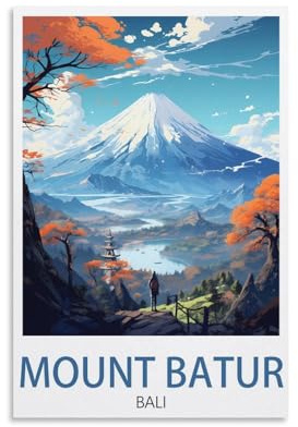 Mount Batur Bali Vintage-Reiseposter, Querformat, 30 x 45 cm, Leinwand-Kunst-Poster für Wohnzimmer, Dekoration, Gemälde für Heimdekoration