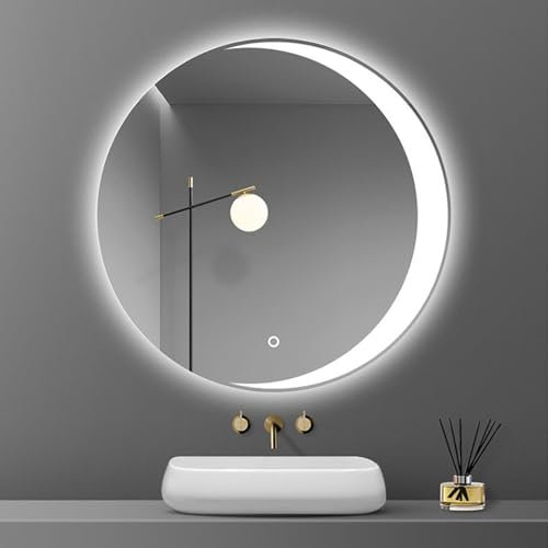 Specchio LED Rotondo A Mezzaluna, Specchio Da Parete Illuminato Con 3 Colori Dimmerabili, 60cm/70cm/80cm, HD/Prova Di Esplosione, Specchio Da Bagno Per Ingresso Camera Da Letto Soggiorno ( Color : Rig