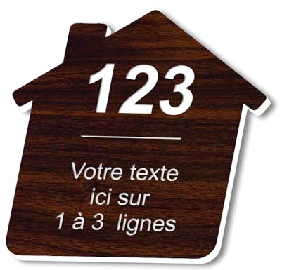 Plaque gravée personnalisée autocollante pour nom et numéro de boîte aux lettres en forme de maison design - aspect bois - format 8x8 cm