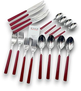 Eme Posaterie Set di 16 Posate Linea Fast Colore Rosso, Acciaio inox, Con Manico a Linea, Elegante Set di Posate con Coltello, Forchetta, Cucchiaio per casa, ristorante lavabile in lavastoviglie