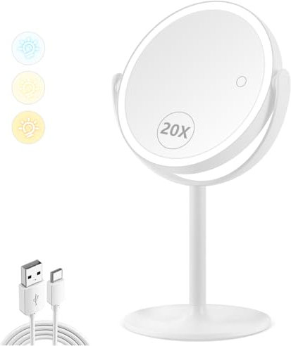 MIYADIVA magnifying mirror with lights, makeup mirror with light and 20X Magnification, Double-sided switch light up mirrors with 3 Color Light and Adjustable Brightness