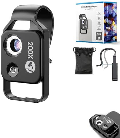 KyneLit Nanozoom Grossissement 200x, Microscope de téléphone avec lentille CPL, lentille de microscope de téléphone avec lumière LED, microscope numérique portable lentille universelle (noir)