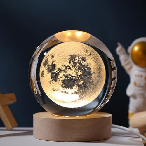 3D Kristallkugel Nachtlicht, USB Mond Planeten Sonnensystem Universum Lampe, Glaskugel Mit Holzsockel - LED Ball für Weihnachten, Geburtstag, Valentinstag, Astronomie Geschenke