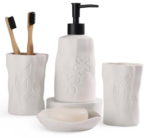 Autumnlife Lot de 4 accessoires de salle de bain en céramique avec distributeur de savon, porte-savon, porte-brosse à dents, élégant mat avec détails en relief, blanc