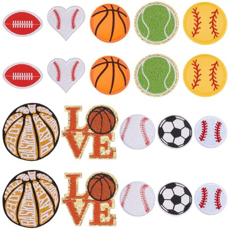 HOBBIESAY 10 Styles Sport Theme Patches 20Pcs Football Baseball Basketball Tennis Rugby Iron On Patches Embroidered Applique Badge for Clothing Jackets Backpack DIY Decorations
