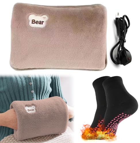 Elektrische Wärmflasche, Selbsterwärmende Socken, Elektrische Wärmflasche mit weichem Plüschfutter, Wiederaufladbar Tragbar, Effektiv zur Linderung von Muskelschmerzen und Wärmekissen(Braun)