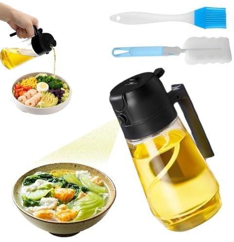 S.F.Pachira 2 in 1 Oil Dispenser and Sprayer, 470ml/16oz Glass Oil Sprayer with Silicone Pastry Brush & Cleaning Brush, Kitchen, Cooking, Salad, Barbecue (Black)