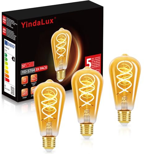YindaLux Glühbirne E27 LED Warmweiss 2200K Filament Lampe Edison Vintage Leuchtmittel 4W Energiesparlampe Retro Birne Deko für Haus Café Bar 3er ST64 Nicht Dimmbar