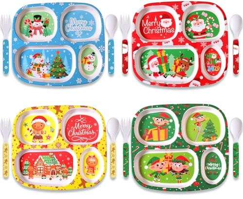 Jinei 4 Set Christmas Divided Dinnerware Set with Fork and Spoon Santa Gingerbread Man Xmas Dinner Plate Snowman Melamine Dinnerware Divided Plates Christmas Baby Feeding Dishes Dishwasher Safe