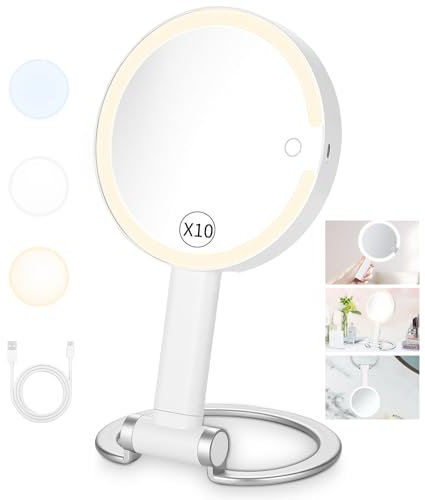 Kosmetikspiegel mit Beleuchtung,Reisespiegel mit Licht,Doppelseitiger Spiegel mit 10 X/1X Vergrößerung,3 Farblichter,Dimmbarer Touchscreen Schminkspiegel,Faltbarer,Handheld/Hängend/Tischplatte