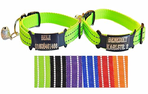 2X personalisiertes Katzenhalsband personalisiert mit Name graviert Katze Halsband reflektierend Leuchtend aus Nylon mit Glöckchen (Neon Gelb und Neon Gelb)