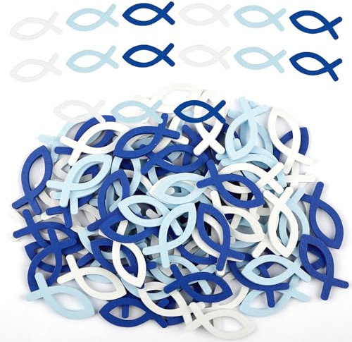 Holz Fische Deko Streudeko Kommunion, Taufparty und Feierlichkeiten Tischschmuck Junge,90 Stück Streudeko Holz für Taufe, Kommunion und Konfirmation (Blau Weiß)