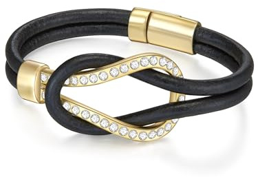 Lulu & Jane Damen Armband Echtleder schwarz | gelbvergoldet 14 Karat, Echtlederarmband, Glas, weiß, Magnetverschluss, Metall-Legierung