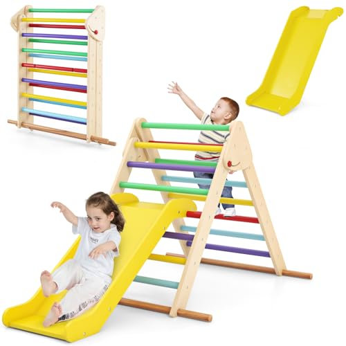HOMASIS 2 in 1 Kletterdreieck mit Rutsche & Kletterleiter, klappbares Klettergerüst aus Massivholz, Baby Spielplatz Indoor für Kinder ab 1 Jahre, Kletterspielzeug zum Rutschen & Klettern (Bunt)