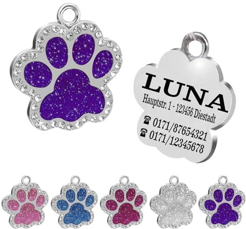 Ibera gifts - Hundemarke mit Gravur und personalisierte Hundemarke in Pfotenform, perfekt für kleine bis mittelgroße Haustiere (Strass/Lila)