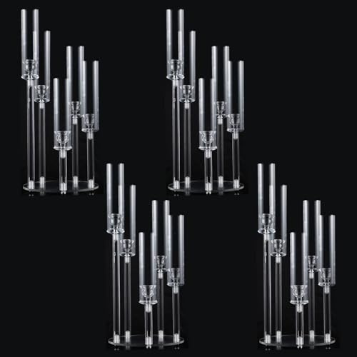 VINCIGANT 4er Set 5-Armig Acryl-Kandelaber, Tafelaufsätze, Transparenter Kerzenhalter, Kerzenhalter mit Acryl-Schirm, Säulen-Kegel-Kerzenständer für Hochzeit, Abendessen, Party