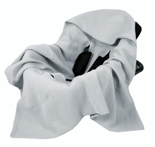 Babylux Musselin Einschlagdecke mit Kapuze – 90x90 cm – Sommer Babydecke für Autositz & Babyschale – 100% Baumwolle – Atmungsaktiv & Leicht (Grau)