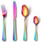 Rainbow Cutlery Set, NINIROR 16 Piece Stainless Steel Flatware Set Silverware Set for 4 People Include Spoon Knife and Fork Sets Mirror Polished Dishwasher Safe Modern Design