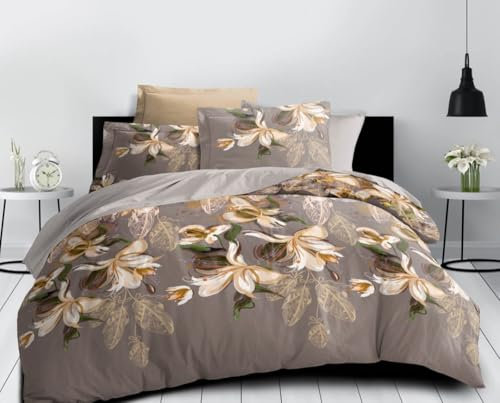 Générique Parure de Lit 4 Pièces, 160 x 200 cm, Motif Floral Beige sur Fond Gris, 100% Coton, 57 Fils/cm²