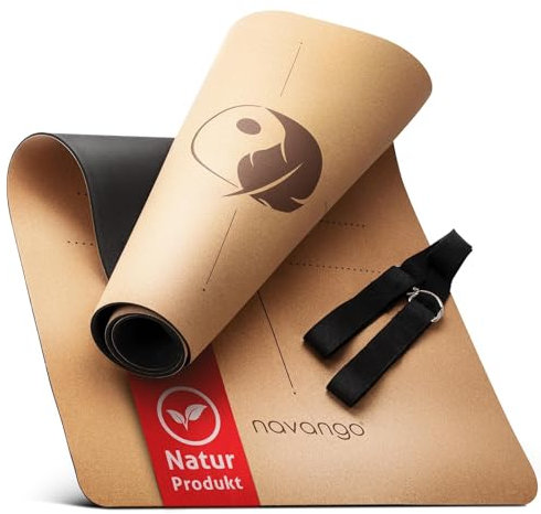 Navango® Tapis de Yoga en Liège Naturel Antidérapant – 183x61cm, 4mm – Avec Sangle de Transport & Lignes d’Alignement – Écologique, Confortable, pour Yoga, Pilates, Fitness & Méditation