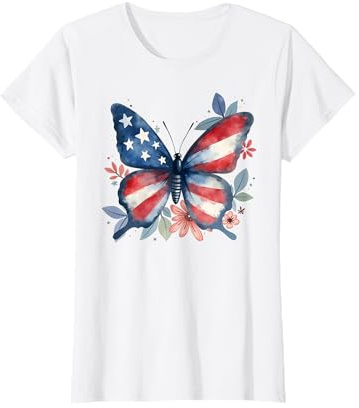 Schmetterling Floral Amerikanische Flagge USA 4. Juli Mädchen Frauen T-Shirt