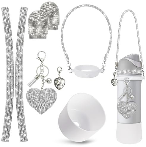 VirgoCCY 8PCS Bling Cup Accessories Set for Owala Water Bottle 24 oz, Includes Decoration Rhinestone Stickers, Charms, Anti-Slip Sleeve & Handle Strap for Women Girls, Silver