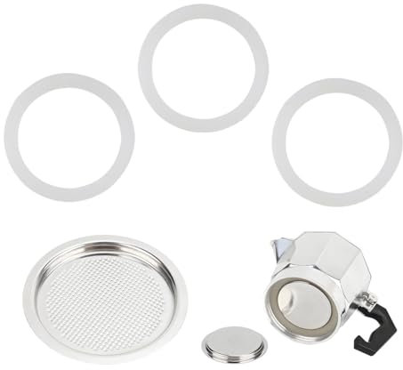 Gasket for 6 Cup Espresso Maker Includes 1 Filter and 3 Silicone Moka Pot Gasket Seals Replacement Food Grade Seal Silicone for Stainless Steel Moka Pot and Stovetop Espresso Coffee Maker