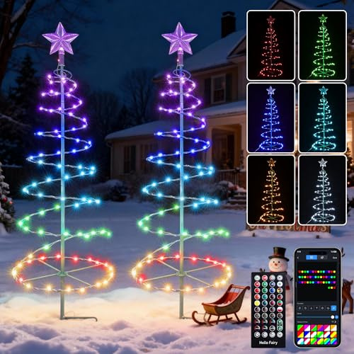 Lot de 2 lumières intelligentes d'extérieur pour allée de Noël, arbres de Noël en spirale RVB avec contrôle par application
