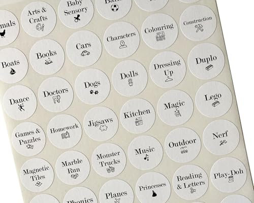 x60 Playroom Organisation Labels, 3cm Round Toy Bin Stickers, Printed Kids Storage Labels for Baskets, Boxes & Shelves, Minimalist Montessori Design for Playroom, Nursery, Daycare or Classroom