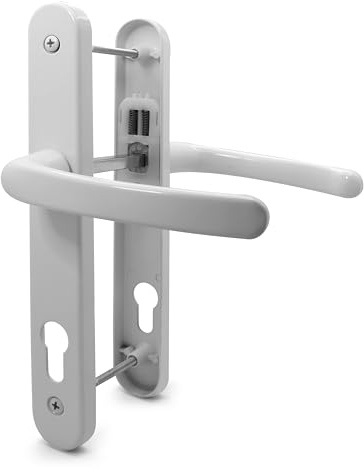 TSS UPVC Door Handle Set, 92mm PZ (Centres), Lever/Lever, Screw to Screw 200mm with Backplate 250mm x 34mm - Replacement PVC Door Handle (White)