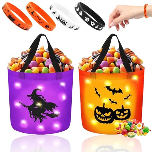 Halloween Süßigkeiten Tasche 2 Stück Halloween Eimer mit Licht Kürbisbeutel Beutel Filz Hexenkessel Süßigkeitstüten zum Sammeln von Süßigkeiten für Süßes Geschenktasche Karneval Party