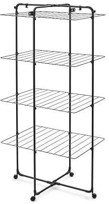 Brabantia HangOn Tower Clothes Drying Rack with Wheels | 98ft (30m) | Matt Black | Tall 3-Tier Indoor Clothes Airer with Adjustable Shelves for Towels, Folds Flat to Save Space | Fits 3 Full Loads