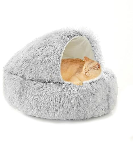 Katzenhöhle für den Innenbereich, Anti-Angst, flauschiges Donut-Katzenbett, mit Kapuze, Haustierbett, Plüsch, rund, maschinenwaschbar, Kätzchenhöhle mit rutschfester Unterseite (40 x 40 x 20 cm, Grau)