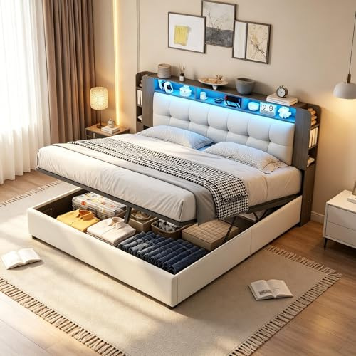 PerGar Polsterbett Doppelbett 140x200 mit Hydraulischem Stauraum, Bett mit LED Kopfteil, Jugendbett Stauraumbett Bettgestell mit Lattenrost und Bettkasten, Samt, Ohne Matratze, Cremefarben