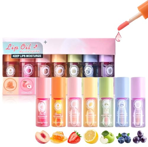 7 Stück Lipgloss Set - Lipgloss Mädchen - Lippenöl Lip Gloss - Lippenbalsam mit Fruchtgeschmack Lippenpflege-Set, Lip Oil für Frauen Mädchen, Lip Sleeping Mask, Lip Care, Feuchtigkeits Pflegender