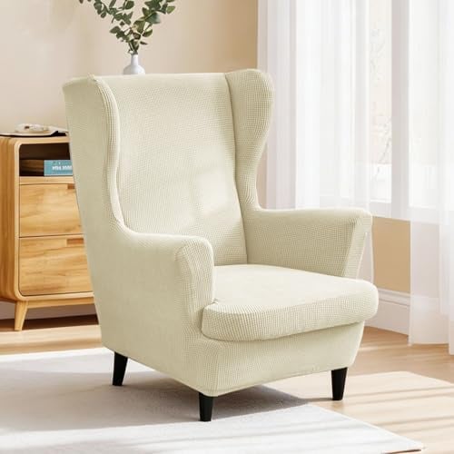2-Teilig Ohrensessel Überzug, Ohrensessel Bezug mit Elastischem Band, Einfarbig Jacquard Verdicken Stretch Schonbezüge, Strandmon Tiger Bezug mit Armlehne Hohe Rückenlehne (Beige, Stuhlbezug)