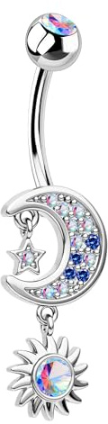 CM Crareesi Mania Bauchnabelpiercing 14G Chirurgenstahl 316L Stern Mond Sonne Piercing Bauchnabel 10mm Silber Nabelpiercing Belly Bar Ring für Frauen
