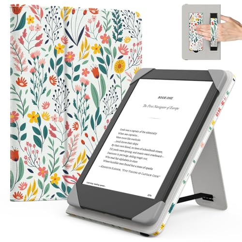 MoKo Custodia per 6 Pollici Kindle eReader da Tablet, Fiori | Accessori eReader per 6 Kindle/Kobo Clara/Tolino E-Book Tablets, Custodia Leggera Folio ,Cinghia da Mano, Cavalletto