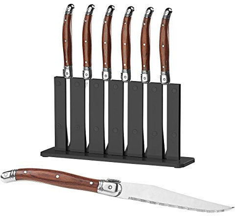 Rosenstein & Söhne Pizzamesser: 6er-Set Laguiole-Steakmesser mit Pakkaholz-Griff und Messerständer (Steakbesteck, Steakmesserset, Messerhalter)