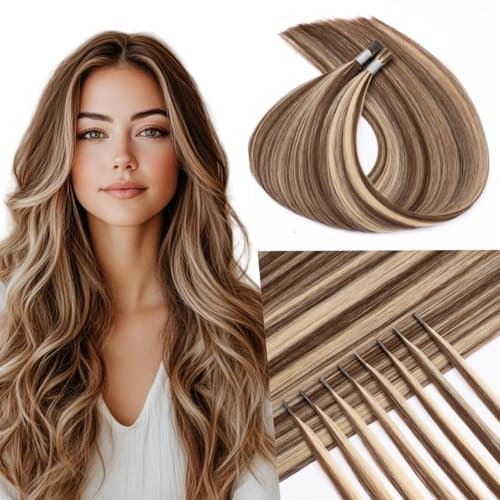 Kun Na I Tip Hair Extensions 50 Strands Pre Bonded Stick Tip Keratin Real Remy Human Hair Extension Straight (#4/613, 18 inch)