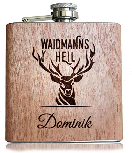 Persönliches Geschenk für Jäger Waidmannsheil Holz Flachmann mit individueller Gravur von eigenem Namen Jagd & Jagen