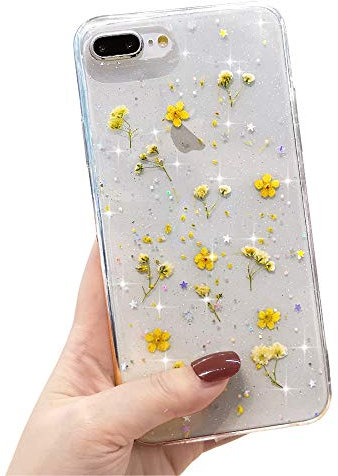 LCHULLE Hülle Kompatibel mit iPhone 6, iPhone 6S Handyhülle Blumen Transparent Hülle Echt Getrocknete Blumen Schutzhülle Silikon Case Flower für iPhone 6/6S Gelb