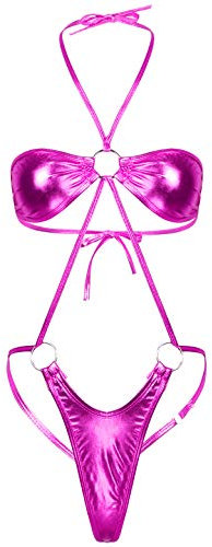 MSemis Badeanzug Damen Micro Bikini Glänzend Metallic Triangel Bikinis Neckholder Mini String Tanga Dessous Teddy Body Unterwäsche Rose OneSize