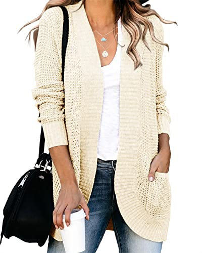 Saodimallsu Damen Lose Open Front Strickjacke Langarm Lässige Leichte Weiche Strickpullover Mantel mit Taschen (Mittel, Apricot)