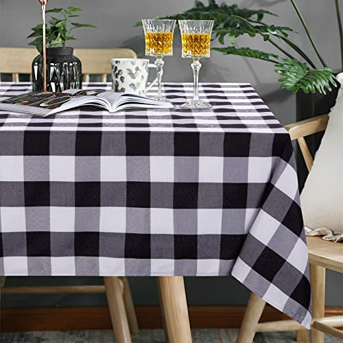 LinTimes Waschbar Tischwäsche Rechteck Wasserabweisend Tischdecken aus Polyester Karierte Tischtuch mit Schwarz Weiß Picknick Esstischdecke, 140 x 275cm