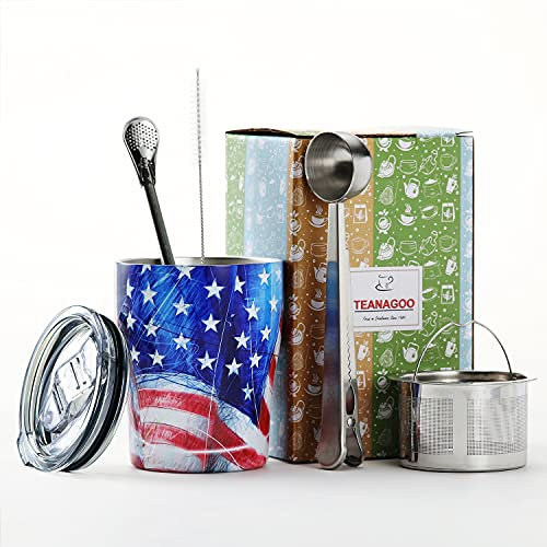 TEANAGOO Travel Tea Mugs with Infuser and Lid, 18/8 Stainless Steel, Double Wall Vacuum, P2, US Flag, for Loose Leaf Tea, as Mate Cup (Yerba Mate Gourd) Bobilla Mate.6 Pcs/Set,Mate Gourd Bombilla Set