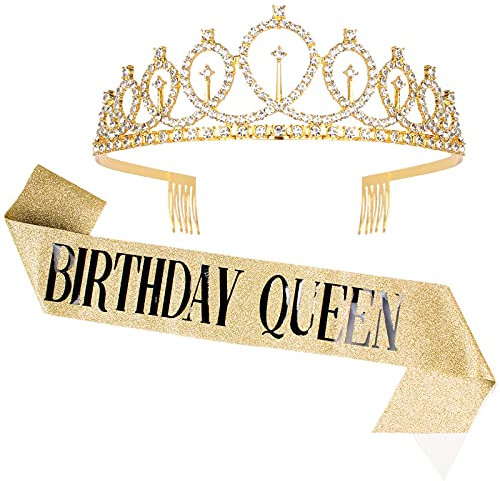 CAVETEE Schärpe und Strass-Tiara-Set Birthday Queen, 2 Piece Set, Stoff